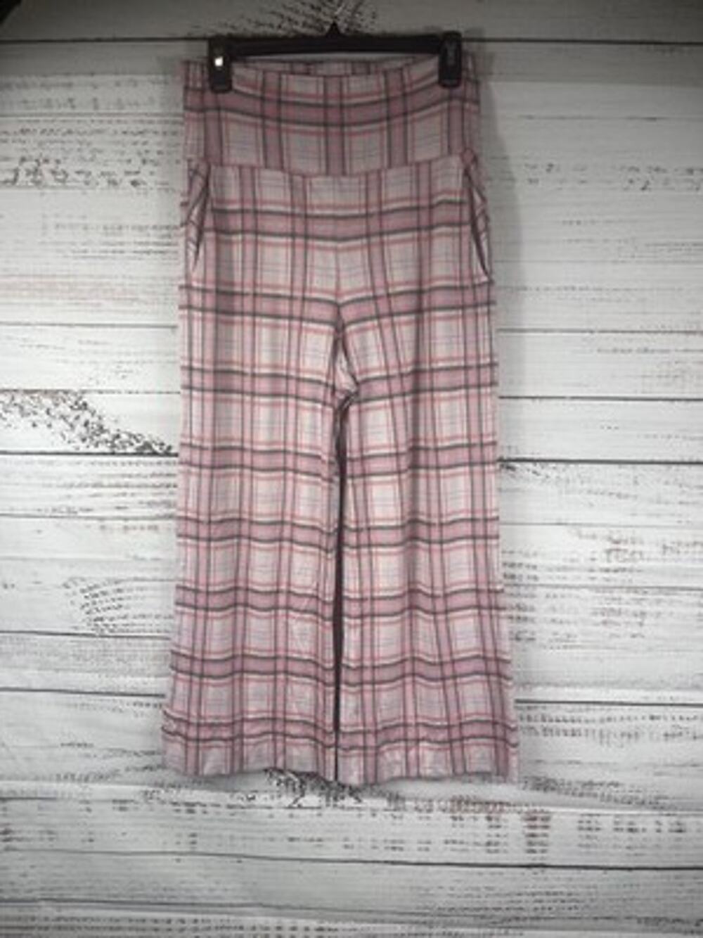 CAbi Pants Womens Small Pink Plaid Knit Wide Leg Cropped Pull On Stretch Casual